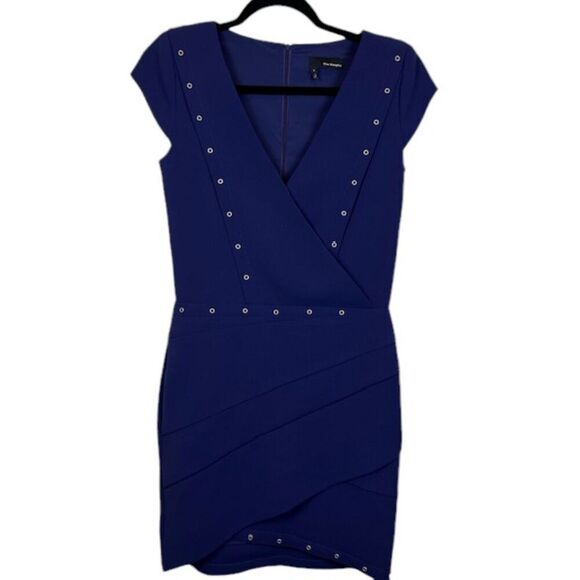 The Kooples Grommet Blue Crepe Mini Dress Crossover Front Lined Size Small - Picture 2 of 14